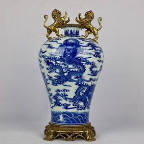 An Exquisite Blue and White Auspicious Cloud and Dragon Pattern Inlaid Bronze Double-Ears Vase