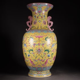 A Huge Yellow Ground Famille-Rose Lotus and Bats Pattern Double-Ears Vase