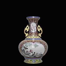 A Huge Enamel Yellow Ground Painted Gold Silver Flower and Bird Pattern Double-Ears Vase