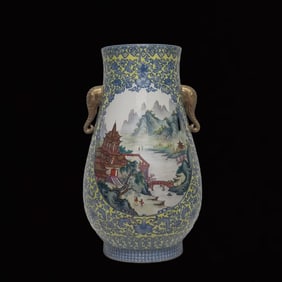 A Huge Enamel Yellow Ground Lotus,Landscape and Figure Pattern Elephant-Ears Vase
