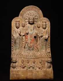 A Monumental Limestone Painted Color Statue of Bodhisattva
