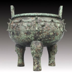A Rare Bronze Beast-Face Pattern Double-Ears and Tripod Censer,With Inscription
