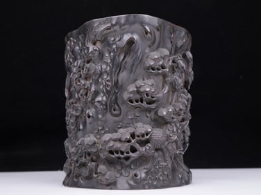 A Precious Zitanwood 'Pine& Crane' Brush Pot