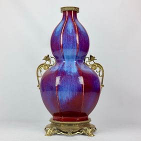 An Exquisite Flambe Glazed Inlaid Bronze Flower Double-Ears Gourd-Shaped Vase