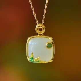 An Exquisite Sterling Silver-Gold Plated Inlaid White Jade Pendant