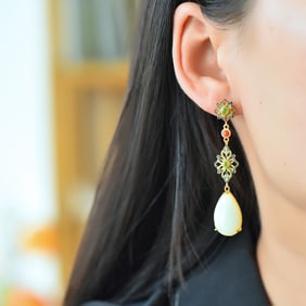 A Pair of Exquisite Sterling Silver-Gold Plated Inlaid White Jade Earrings