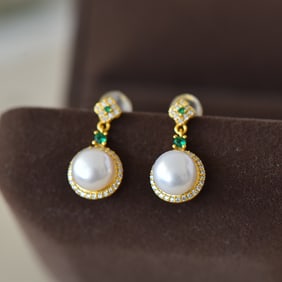 A Pair of Exquisite Sterling Silver-Gold Plated Inlaid Pearl Earrings