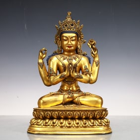 A Exquisite Gilt Bronze Four-arms Statue of Avalokitesvara