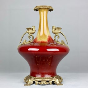 A Exquisite Flambe Glazed Inlaid Bronze Double-Ears Vase