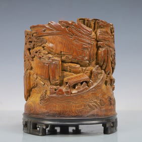 A Exquisite Bamboo Landscape and Figure Pattern Brush Pot