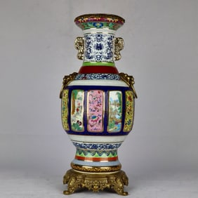 A Exquisite Famille-Rose Inlaid Bronze Lotus Pattern Landscape Pattern Vase