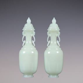 A Pair of Exquisite White Jade Double-Ears Vase