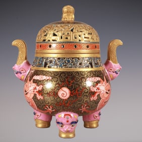 An Exquisite Enamel Painted Gold Dragon Pattern Double-Ears and Tripod Censer