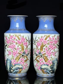 A Exquisite A pair of Famille-Rose Blue Glazed Outline in gold Flower and Bird Pattern with poem