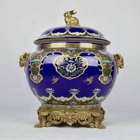 A Exquisite Ji Blue Glazed Inlaid Bronze Outline in gold Flower and Bird Pattern Double-Ears Jar