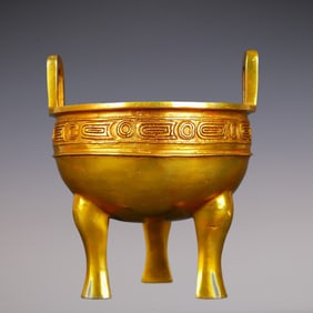 An Exquisite Gilt Bronze With Inscription Double-Ears and Tripod Censer