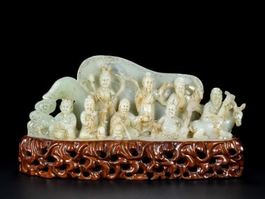 An Exquisite Archaic Jade Character and Story Pattern Flower Pattern Ornament