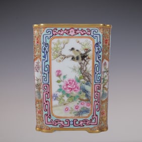 An Exquisite Enamel Painted Gold Pine and Crane Pattern Lotus Pattern Flower and Bird Pattern Brush