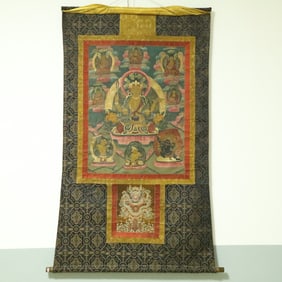 An Exquisite Brocade Painted Color Four-arms Buddha Statue Tangka
