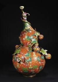 A Exquisite Cloisonne Bats and Peach Pattern Gourd-Shaped