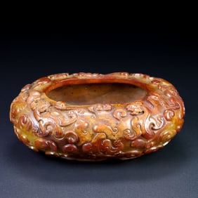 An Exquisite Archaic Jade Chi-Dragon Pattern Brush Washer