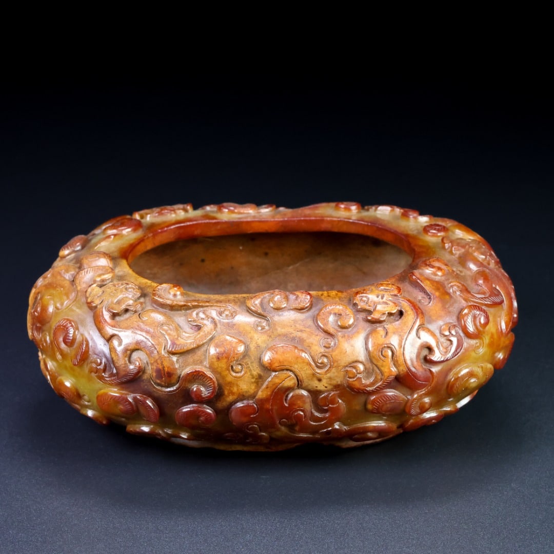 An Exquisite Archaic Jade Chi-Dragon Pattern Brush Washer (1 of 9)