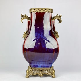A Exquisite Flambe Glazed Inlaid Bronze Double-Ears Jar