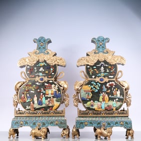 A Exquisite A pair of Cloisonne Inlaid Gems Lotus Pattern Eight Treasures Pattern Character and