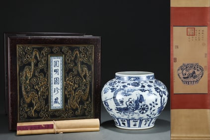 An Exquisite Blue and White Lotus Pattern Character and Story Pattern Jar