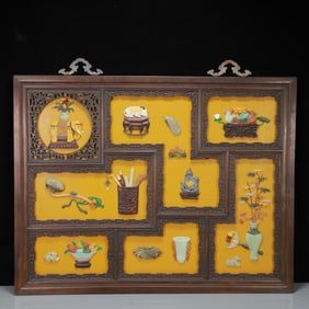 A Exquisite A pair of Zitanwood Inlaid Gems Flower and Bird Pattern Hanging Panel