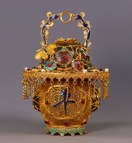 A Exquisite Gilt Bronze Inlaid Gems Flower Pattern Basket
