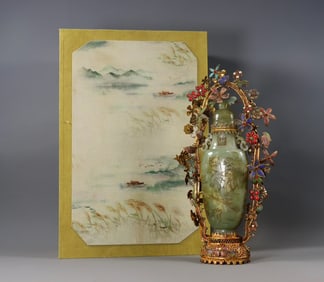 A Exquisite Gilt Bronze Inlaid White Jade Character and Story Pattern Vase