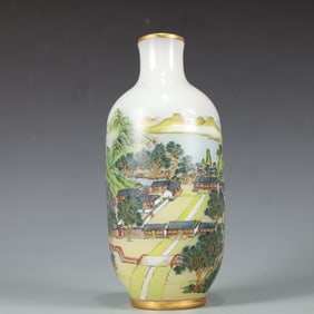 A Exquisite Colored glaze Famille-Rose Outline in gold Landscape Pattern with poem Vase