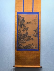 A Chinese Vertical Scroll Ink Painting of Landscape and Figure on Silk