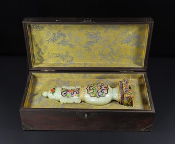 A Exquisite Gilt Silver Inlaid White Jade Flower Pattern Double-Ears Vase