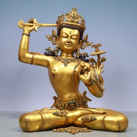 A Exquisite Gilt Bronze Inlaid Gems Statue of Manjusri