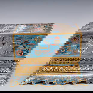 A Exquisite Cloisonne Eight Treasures Pattern Landscape and Figure Pattern Box: A Exquisite Cloisonne Eight Treasures Pattern Landscape and Figure Pattern Box Qing Dynasty, China Size:24cmx18.5cmx16cm Weight:3350g&#26223;&#27888;&#34013;&#20843;&#23453;&#32441;&#23665;&#27700;&#2