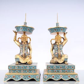 A Exquisite A pair of Cloisonne Lotus Pattern Figures Candlestick