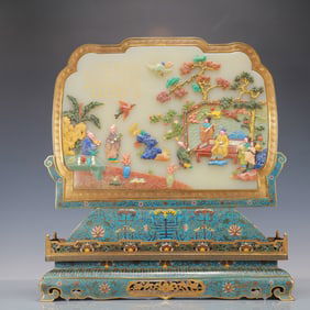 A Exquisite Cloisonne Inlaid Gems Character and Story Pattern Bats and Peach Pattern with poem