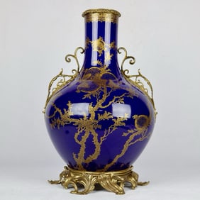 A Exquisite Ji Blue Glazed Inlaid Bronze Outline in gold Flower and Fruit Pattern Double-Ears Vase