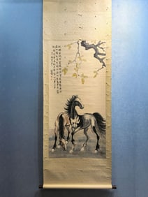 A Chinese Vertical Scroll Ink Painting of Horse on Paper