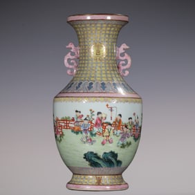 An Exquisite Famille-Rose Character and Story Pattern Double-Ears Vase