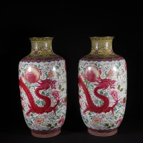 A Pair of Exquisite Famille-Rose Dragon and Phoenix Pattern Lotus Pattern Peach Pattern Vase