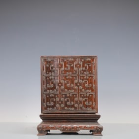 A Exquisite Zitanwood Box Shoushan Stone Auspicious Beast with poem Seal