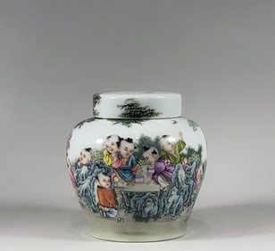 An Exquisite Enamel Character and Story Pattern with poem Tea Caddy