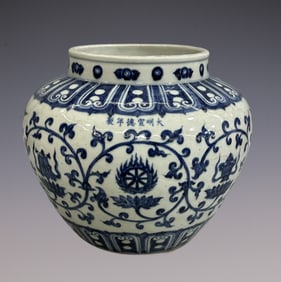 An Exquisite Blue and White Lotus Pattern Eight Treasures Pattern Jar