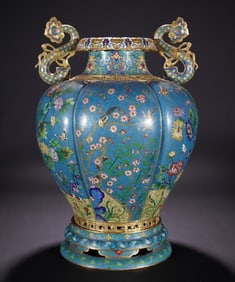 A Exquisite Cloisonne Flower and Bird Pattern Double-Ears Vase