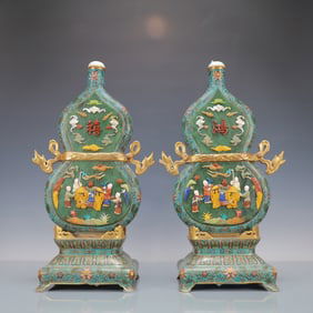 A Exquisite Cloisonne Lotus Pattern Character and Story Pattern Gourd-Shaped with poem Double-Ears