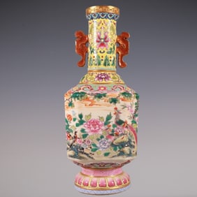 An Exquisite Enamel Lotus Pattern Flower and Bird Pattern with poem Double-Ears Vase