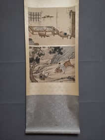 A Chinese Vertical Scroll Ink Painting of Character and Story on Silk